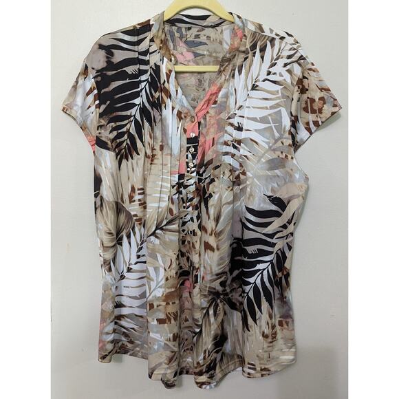 Women's Multicolor Palm Print Short Sleeve Pleated Top Size XL - Picture 1 of 3